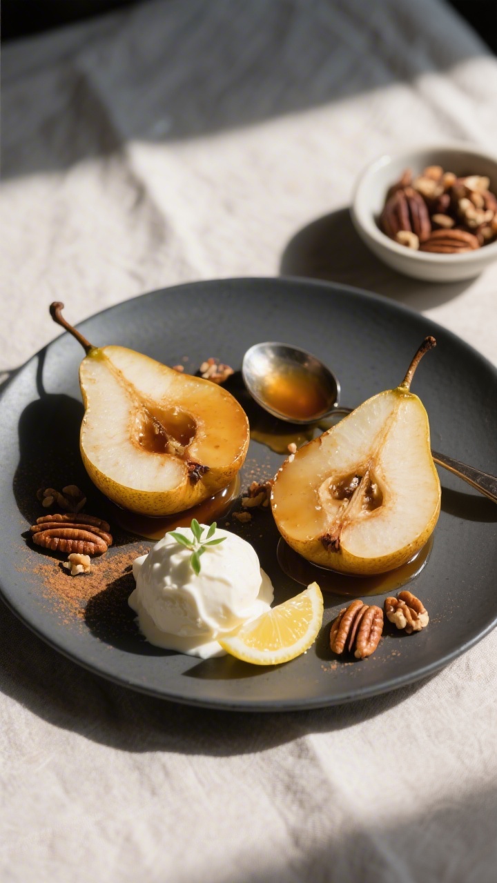 Final dish presentation: Restaurant-quality plating of two baked pear halves on a matte charcoal pla
