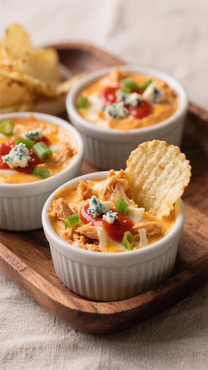 Final dish presentation: Restaurant-quality ramekins of buffalo chicken dip portioned for a party sp