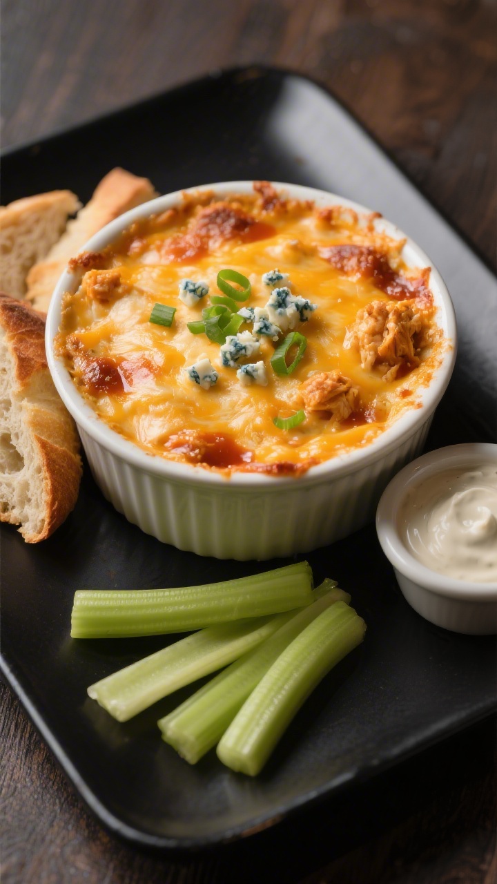 Final dish presentation: Restaurant-quality ramekin of buffalo chicken dip plated on a matte black t