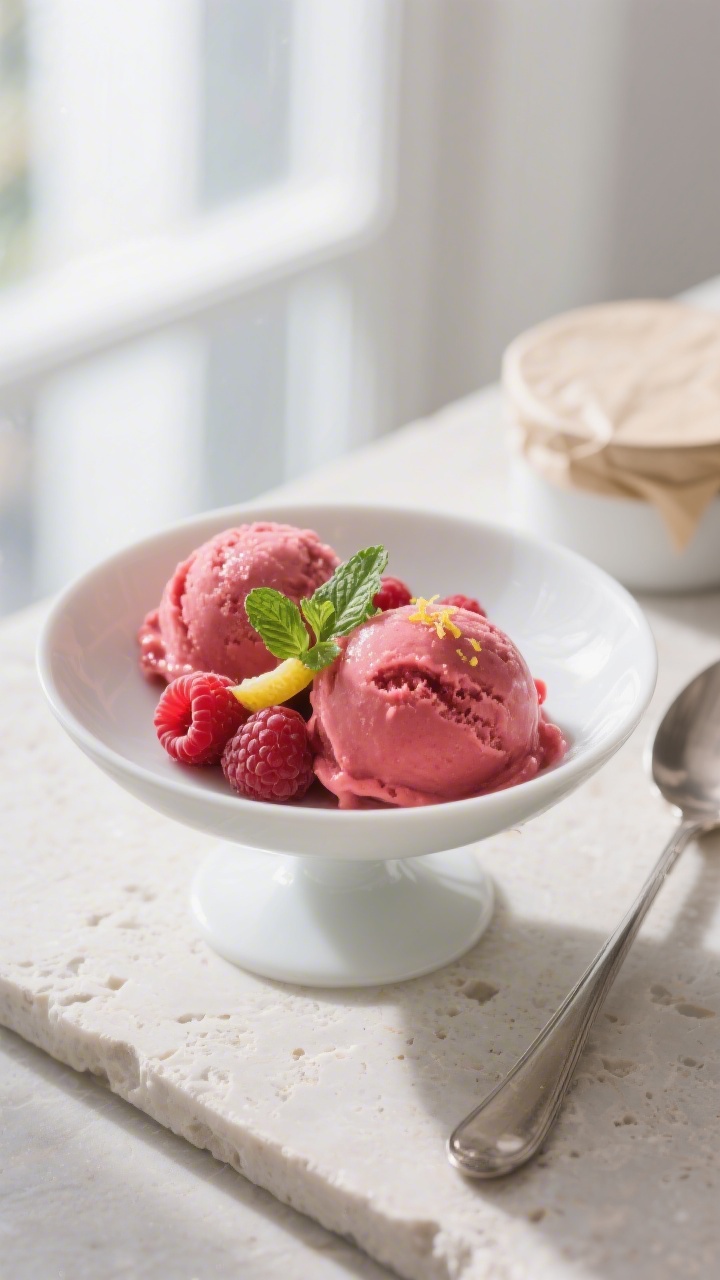 Final dish presentation: Two perfect scoops of raspberry sorbet in a matte white coupe bowl, garnish