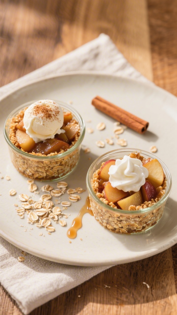 Final dish, tasty top view: Overhead shot of assembled apple cinnamon dessert cups in small glass ra