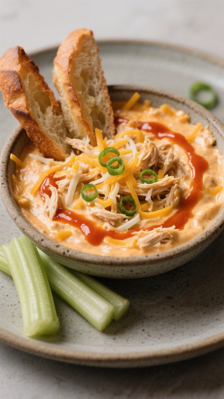 Final plated beauty shot: A rustic, shallow bowl of hot buffalo chicken dip scooped and swirled to s