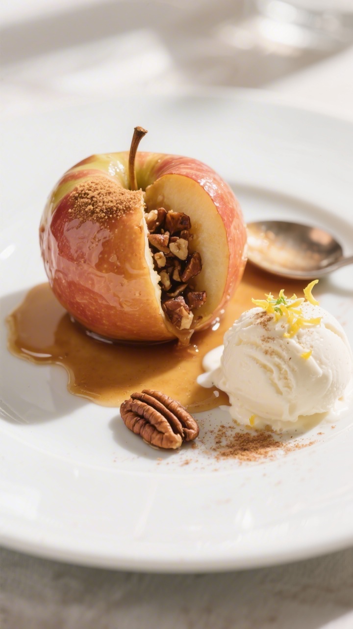 Final plated dessert presentation: a single baked Honeycrisp apple on a matte white plate, split sli