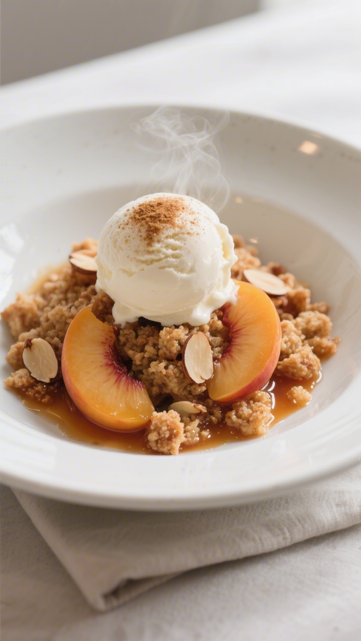 Final plated dessert: Restaurant-quality presentation of a warm scoop of peach crisp in a shallow wh