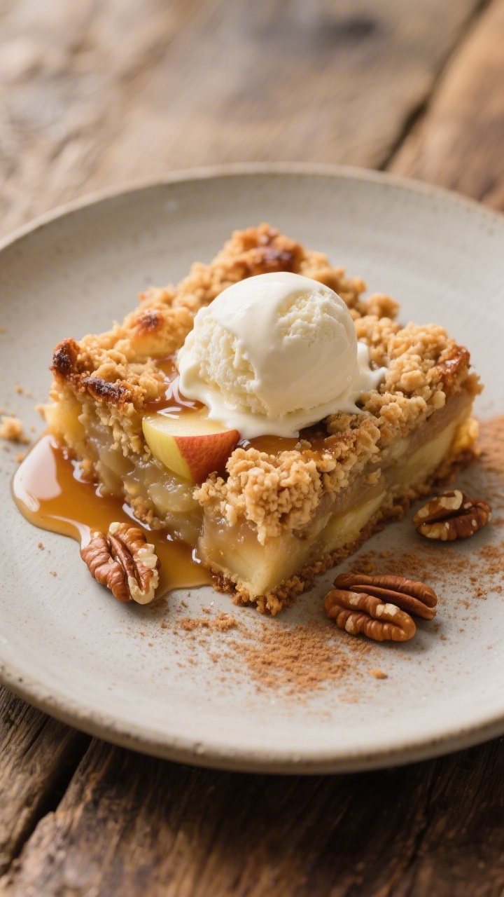 Final plated dessert: Restaurant-quality presentation of a warm square of classic apple crumble with