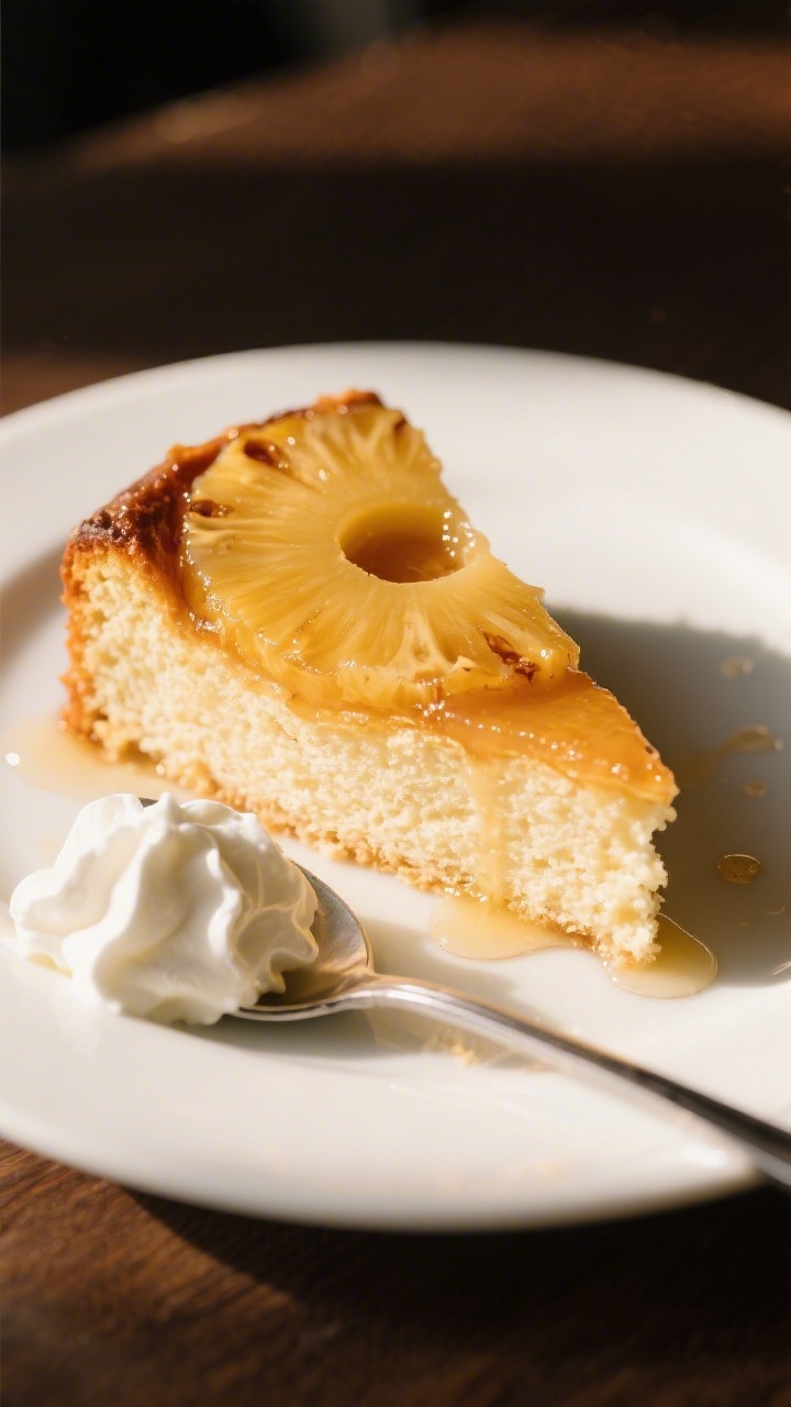 Final plated dessert shot: Thick, clean slice of pineapple upside down cake on a small dessert plate