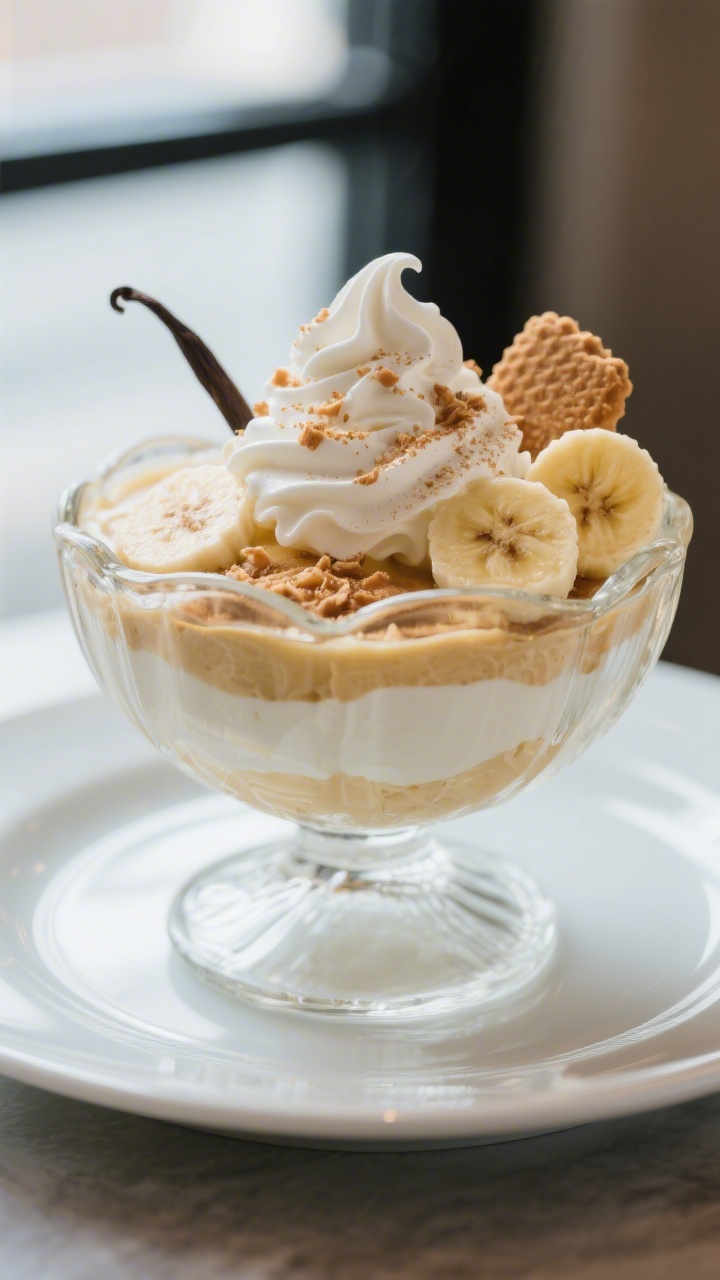 Final plated hero: Beautifully chilled banana pudding served in a vintage glass dish, crowned with a