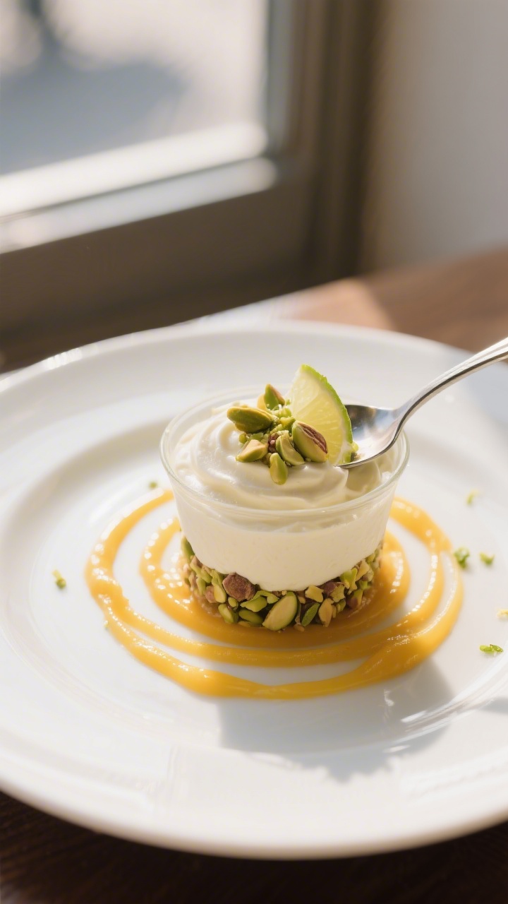 Final plated hero shot of an elegant mango mousse cup set on a white ceramic plate with a thin swirl