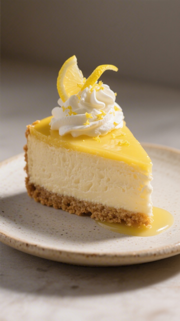 Final plated presentation: A single, tall slice of lemon cheesecake on a small stoneware plate, bake