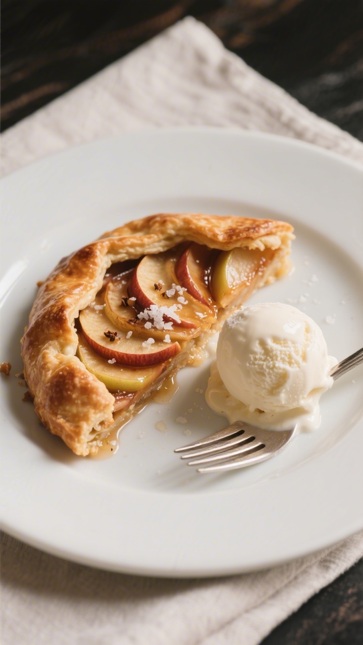 Final plated presentation, : A warm slice of apple galette plated on a matte white dessert plate, se
