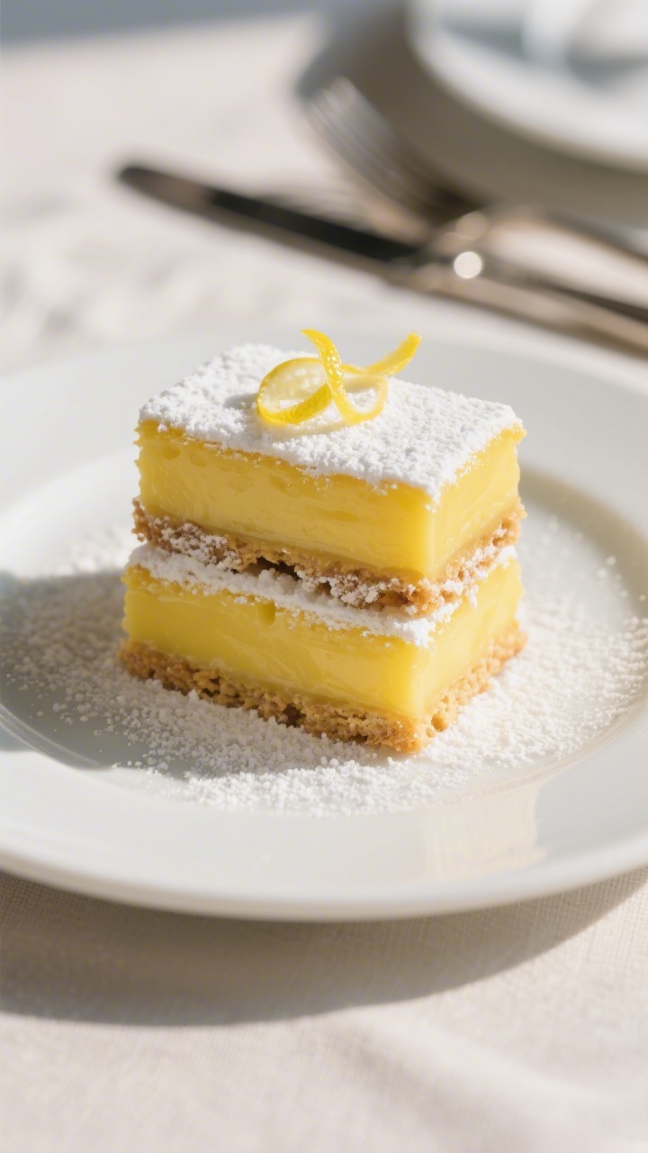 Final plated presentation: Restaurant-quality plating of two lemon bar rectangles stacked slightly o
