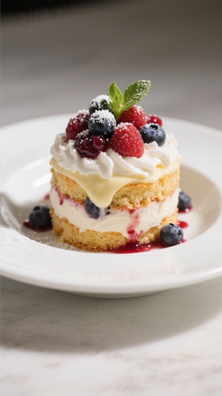Final plated serving shot: a generous scoop of Mixed Berry Trifle in a shallow white dessert bowl, s