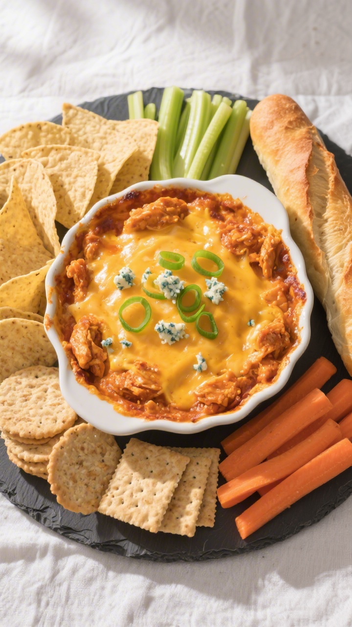 Final presentation: Beautiful game-day platter scene with the baked buffalo chicken dip centered in 