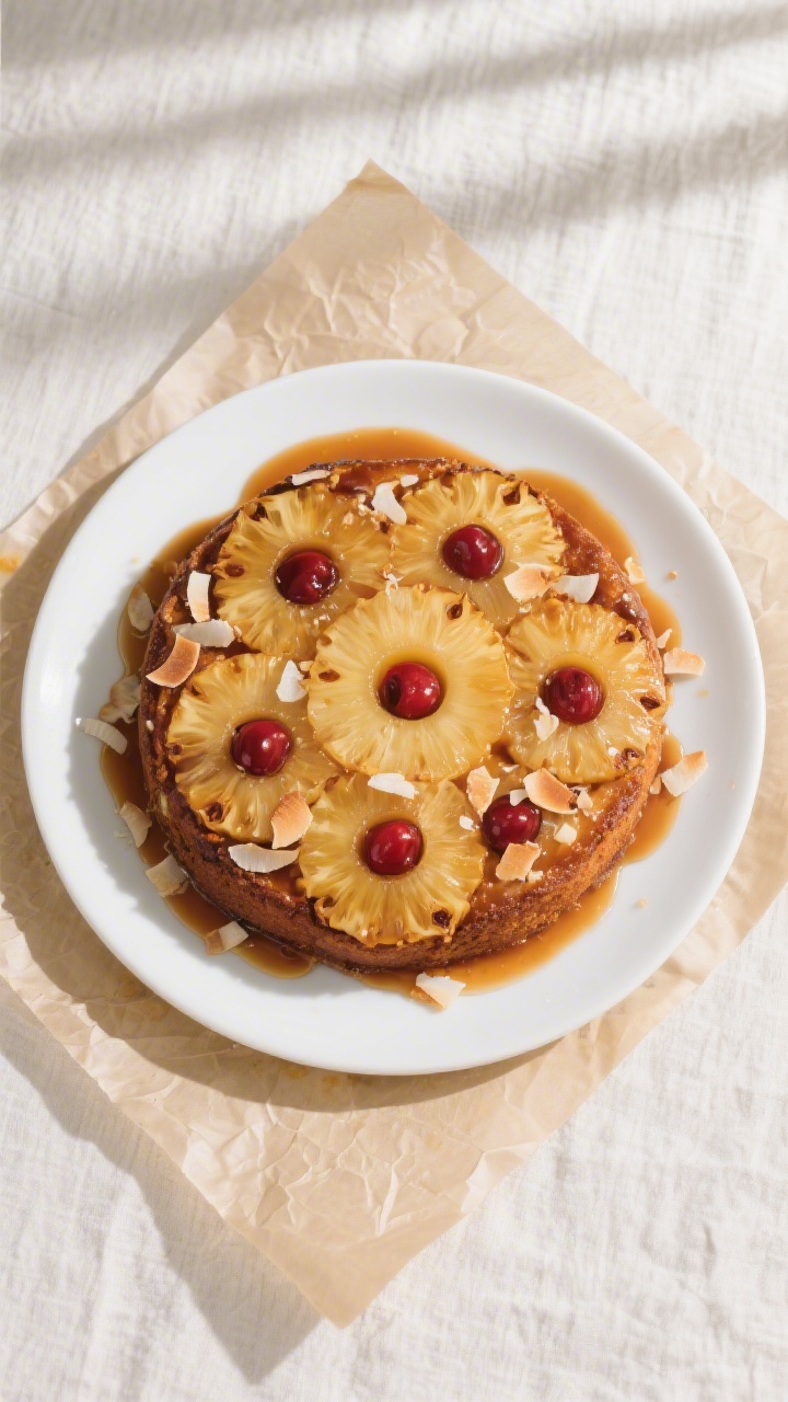 Overhead “flip reveal” shot: Freshly inverted pineapple upside down cake on a simple white round