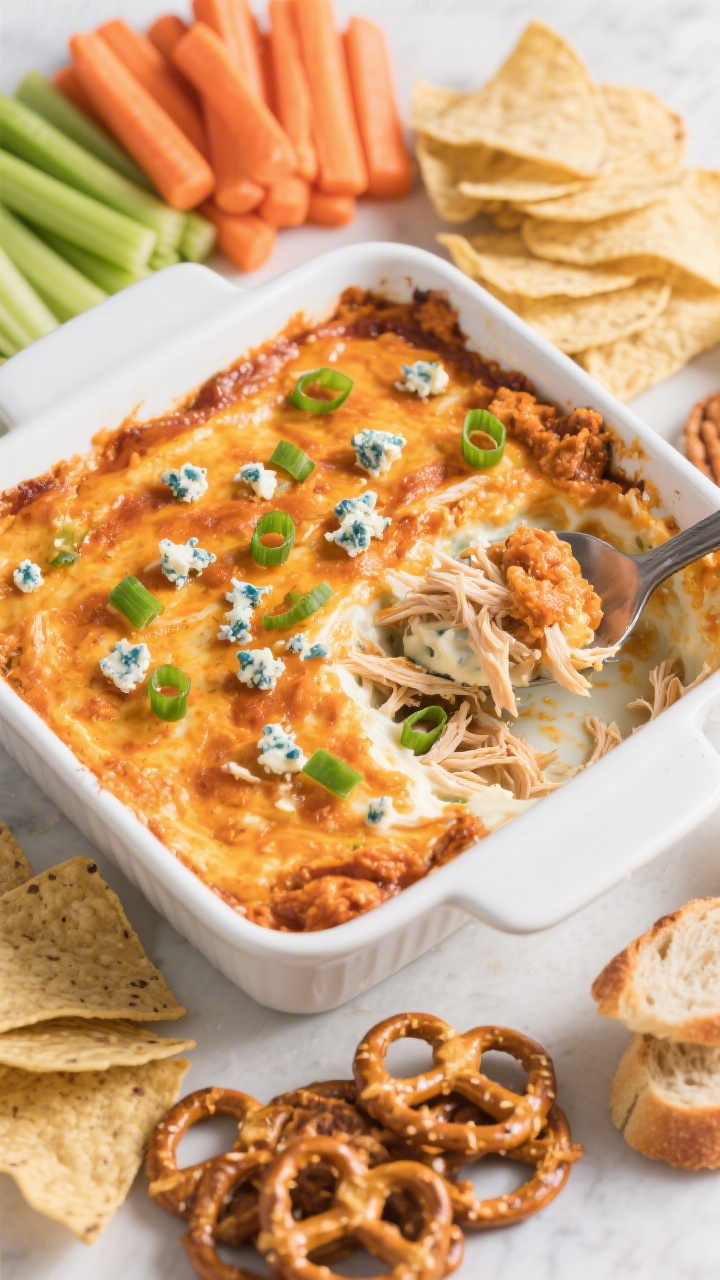 Overhead “game day spread” of the finished buffalo chicken dip in an 8x8 white baking dish, garn