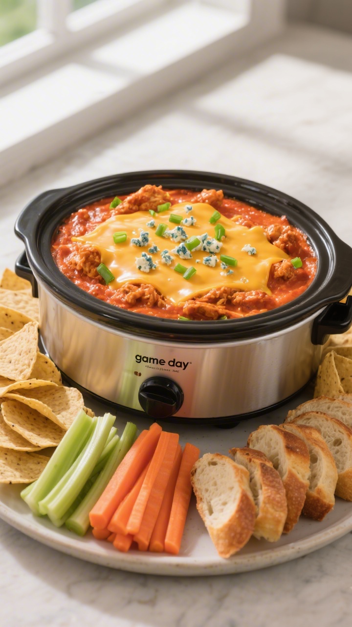 Overhead “game day” spread: Tasty top view of the finished buffalo chicken dip served directly i