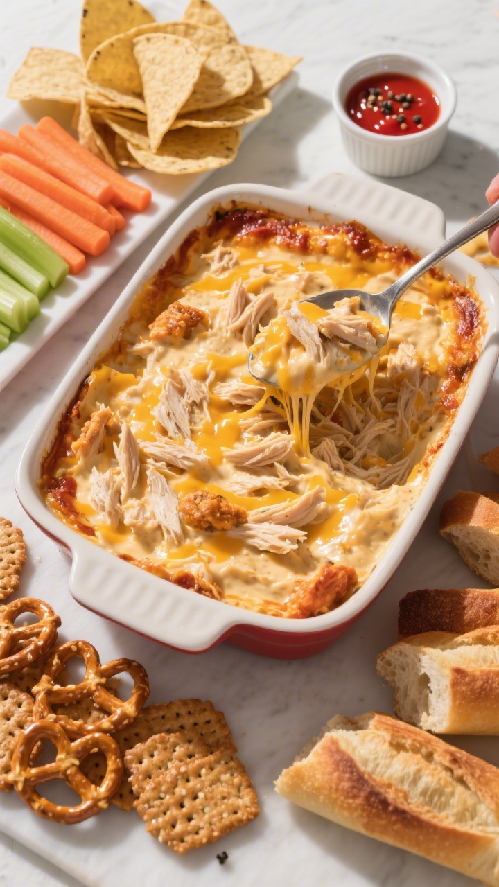 Overhead “party spread” top view of the finished buffalo chicken dip centered in the baking dish