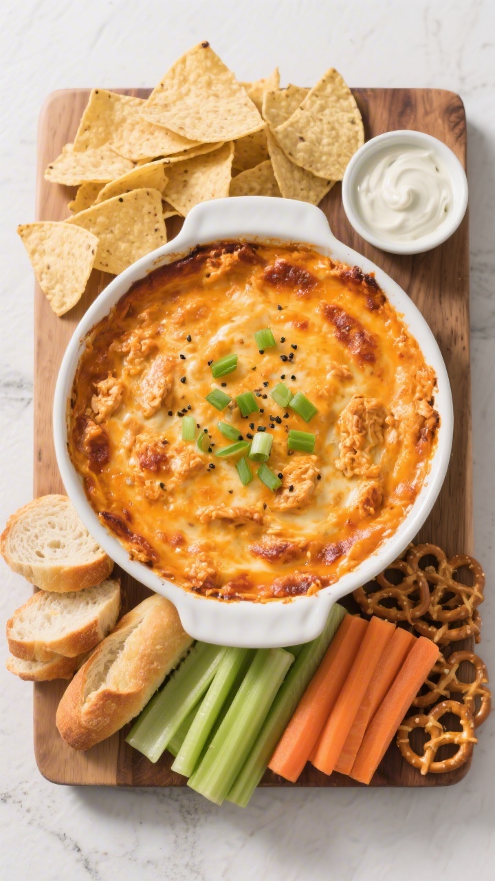 Overhead “party spread” top view of the finished buffalo chicken dip in a 9-inch baking dish cen