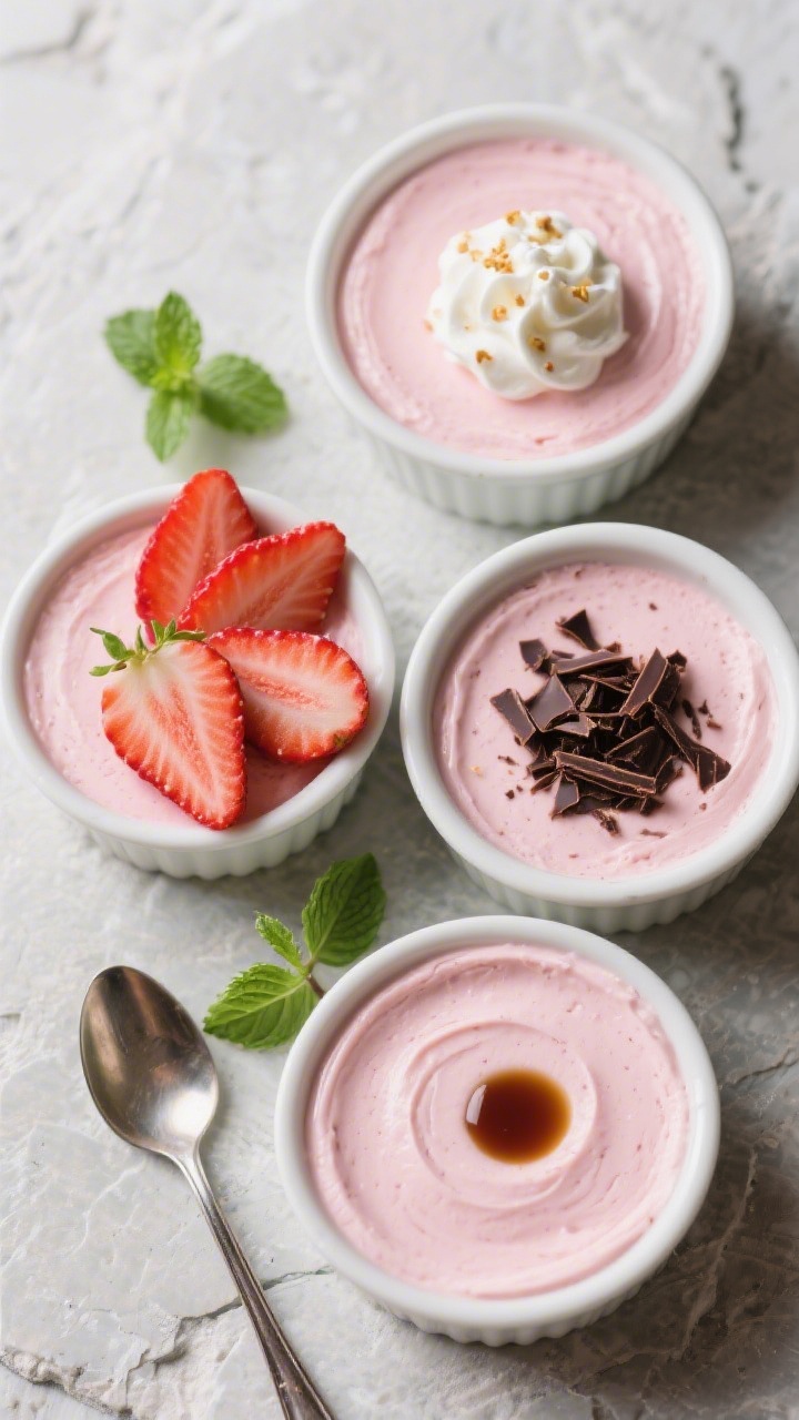 Overhead presentation: Tasty of four ramekins filled with pale pink strawberry mousse, smooth levele