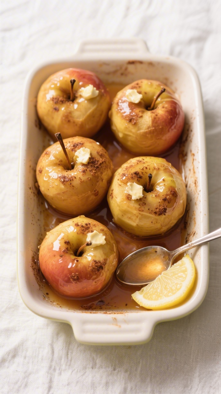 Overhead shot (top-down) of four baked apples nestled snugly in a small buttered baking dish with 1/