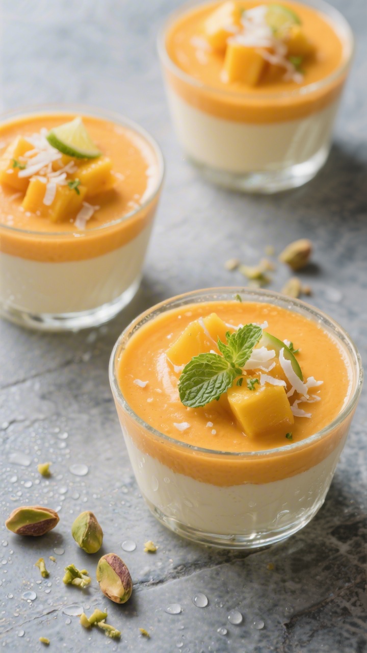 Overhead “tasty top view” of chilled mango mousse portioned into small clear dessert glasses, pe