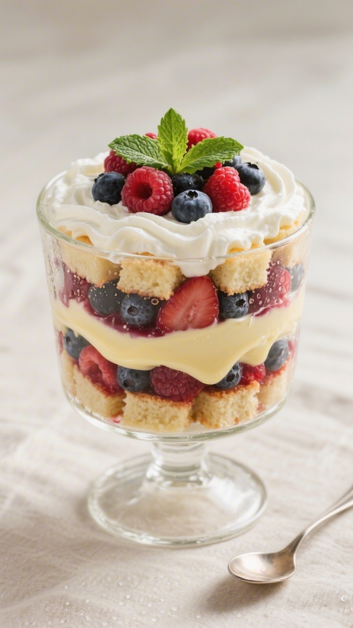 Overhead “tasty top view” of the fully assembled Mixed Berry Trifle in a classic glass trifle di