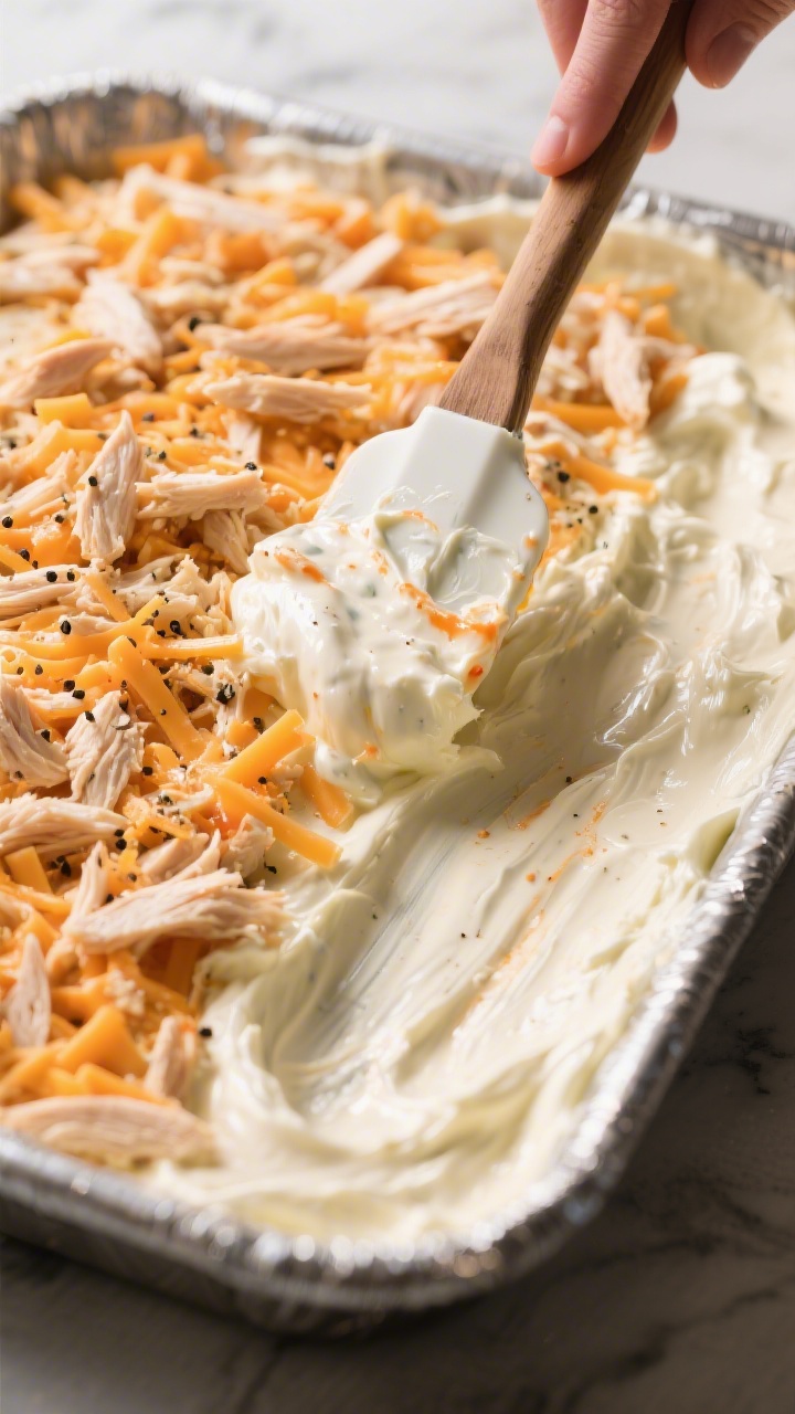 Process action shot: the creamy mixture being spread evenly into a greased baking dish with a spatul