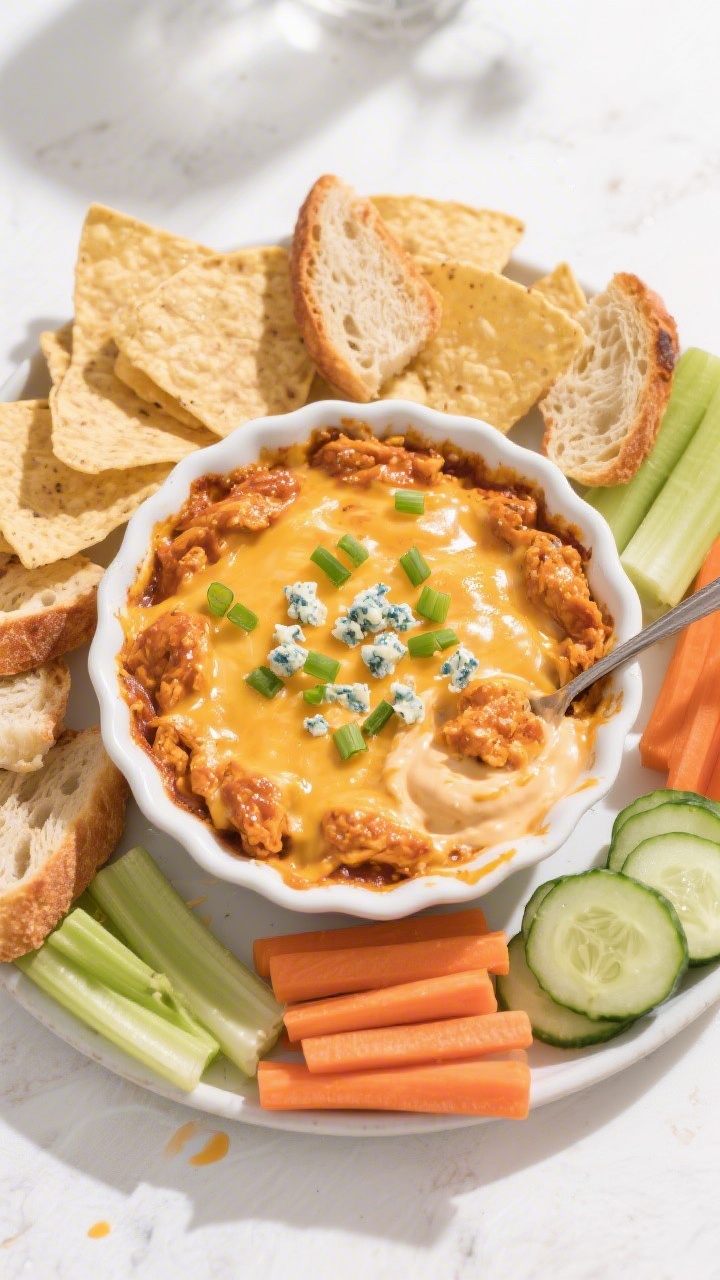 Tasty top view final spread: Overhead shot of the finished buffalo chicken dip in a white 9-inch bak