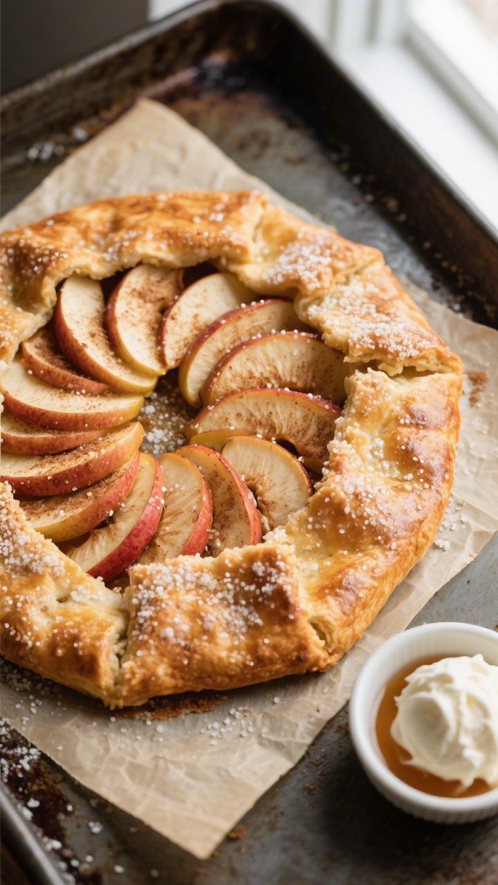 Tasty top view, overhead: Overhead shot of a fully baked apple galette on parchment over a dark meta