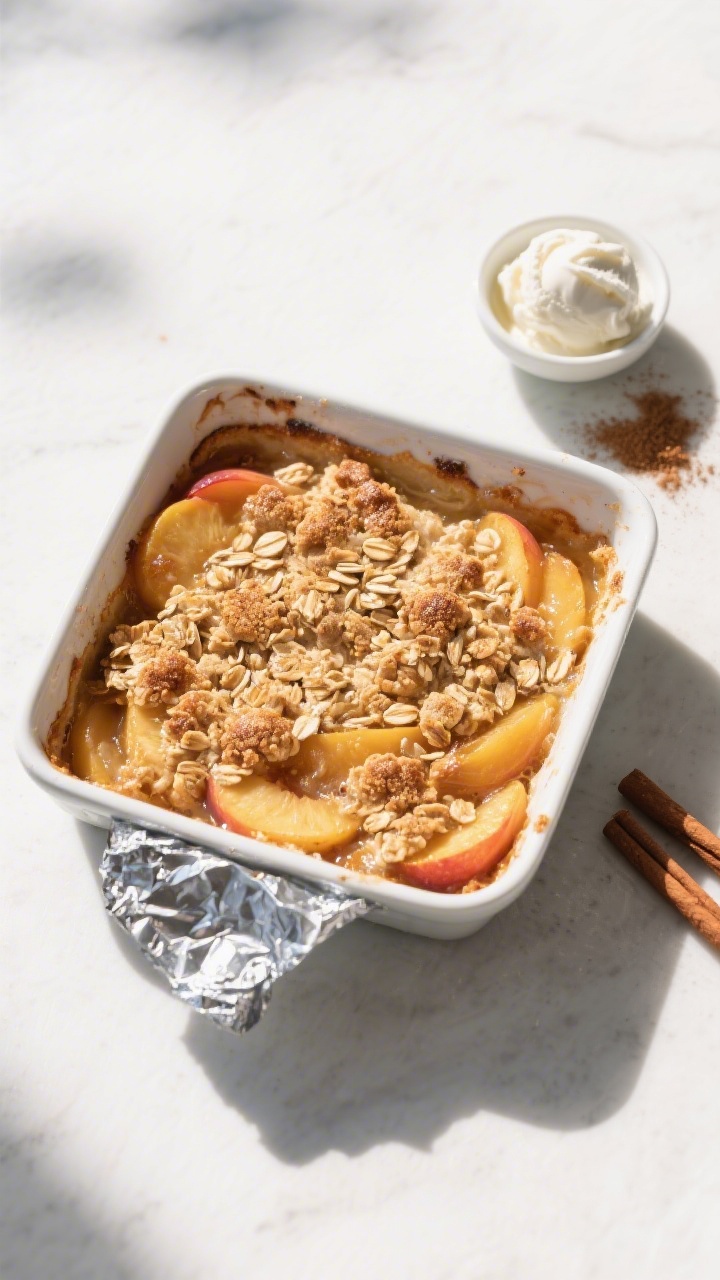 Tasty top view: Overhead shot of a 9-inch square baking dish just out of the oven, the peach filling