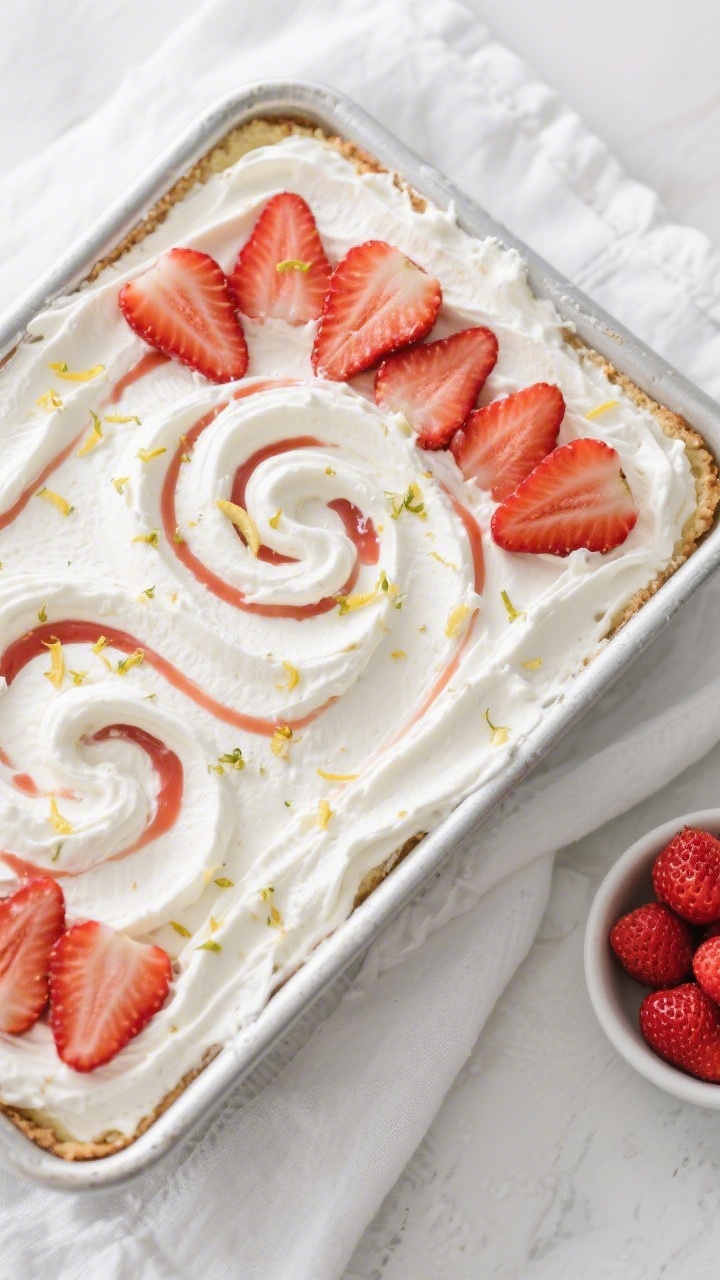 Tasty top view: Overhead shot of a 9x13 pan of fully set strawberry icebox cake just out of the frid