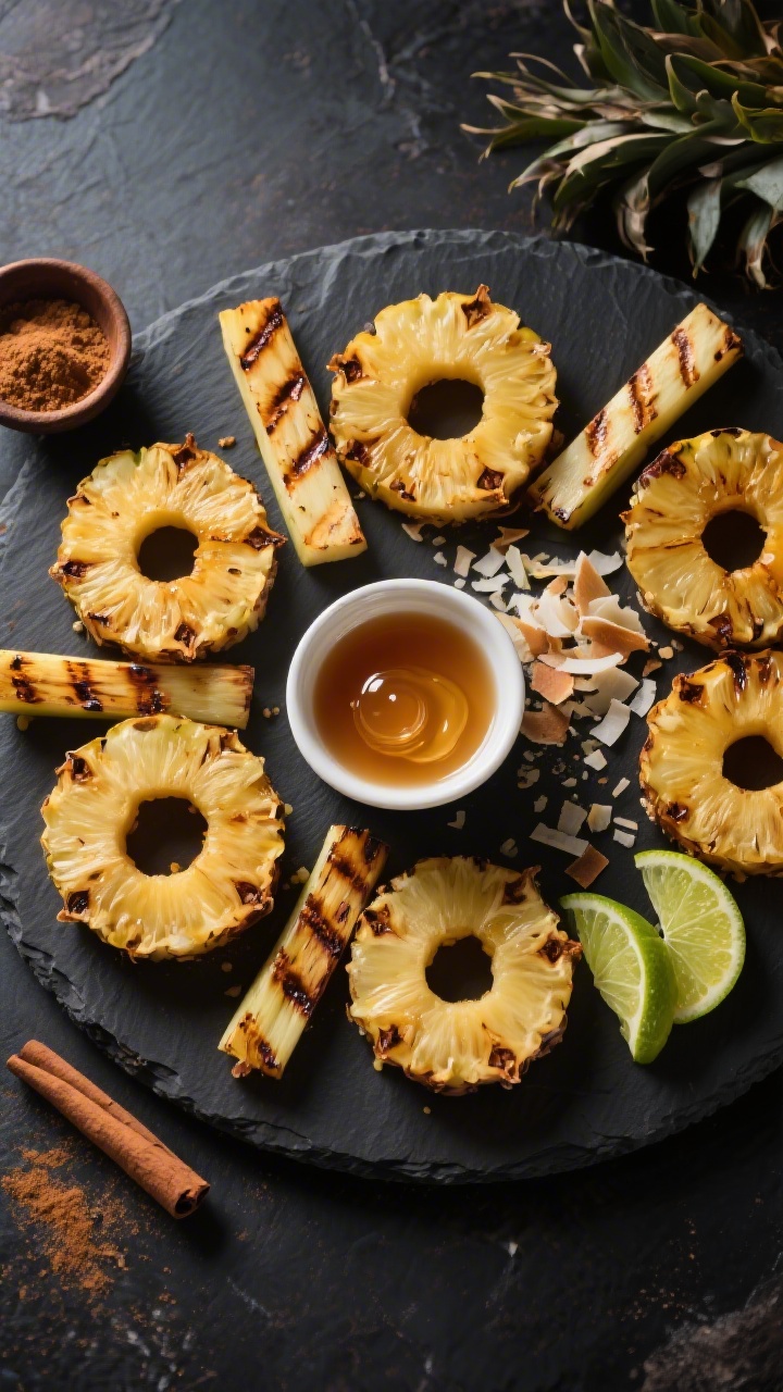 Tasty top view: Overhead shot of a dessert board featuring grilled pineapple rings and spears arrang