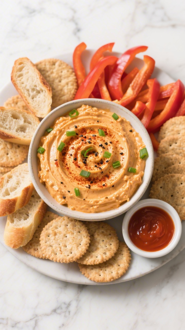 Tasty top view: Overhead shot of a game-day snack spread featuring the buffalo chicken dip scooped i