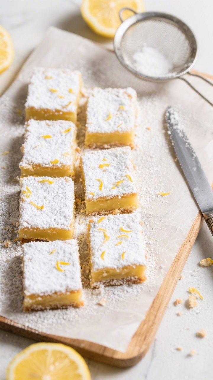 Tasty top view: Overhead shot of chilled lemon bars on a parchment-lined board, dusted generously wi