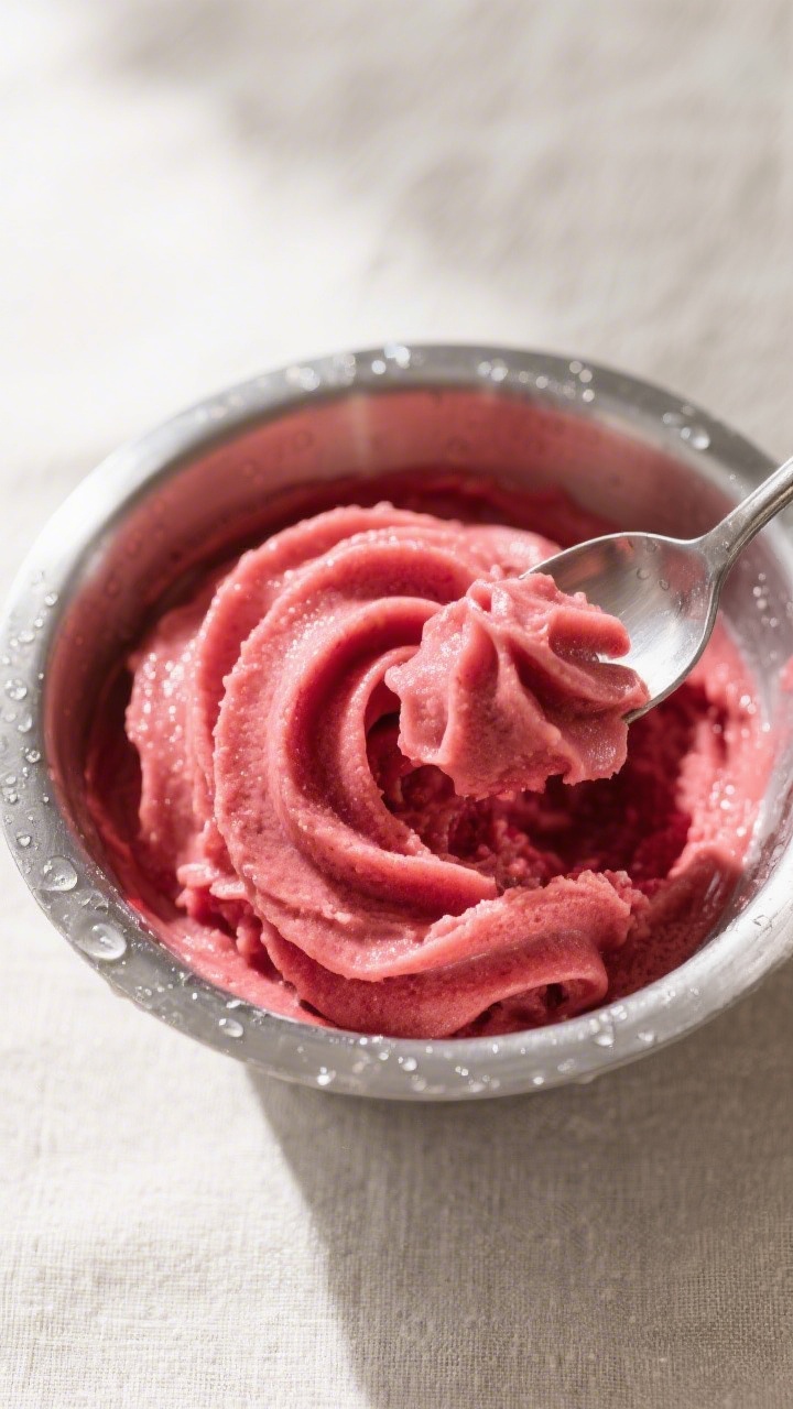 Tasty top view: Overhead shot of freshly churned raspberry sorbet at soft-serve stage in an ice crea