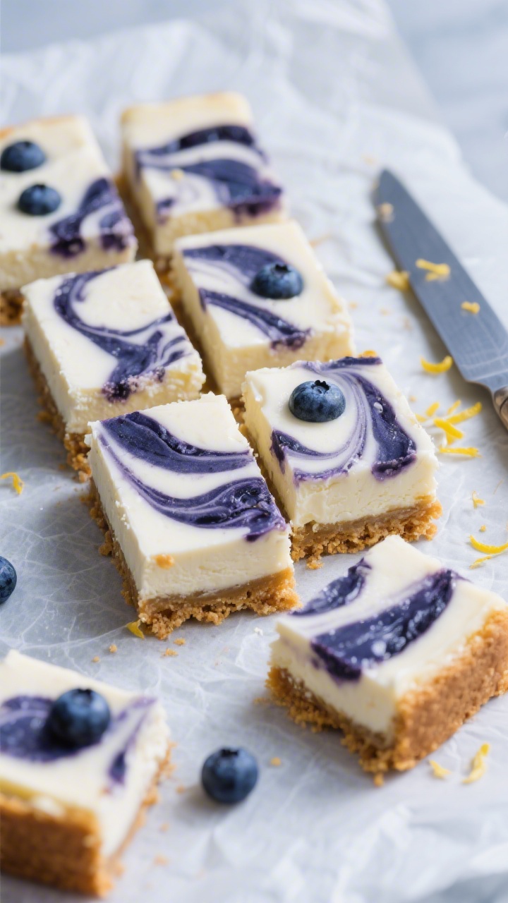 Tasty top view: Overhead shot of fully chilled blueberry cheesecake bars sliced cleanly into even sq