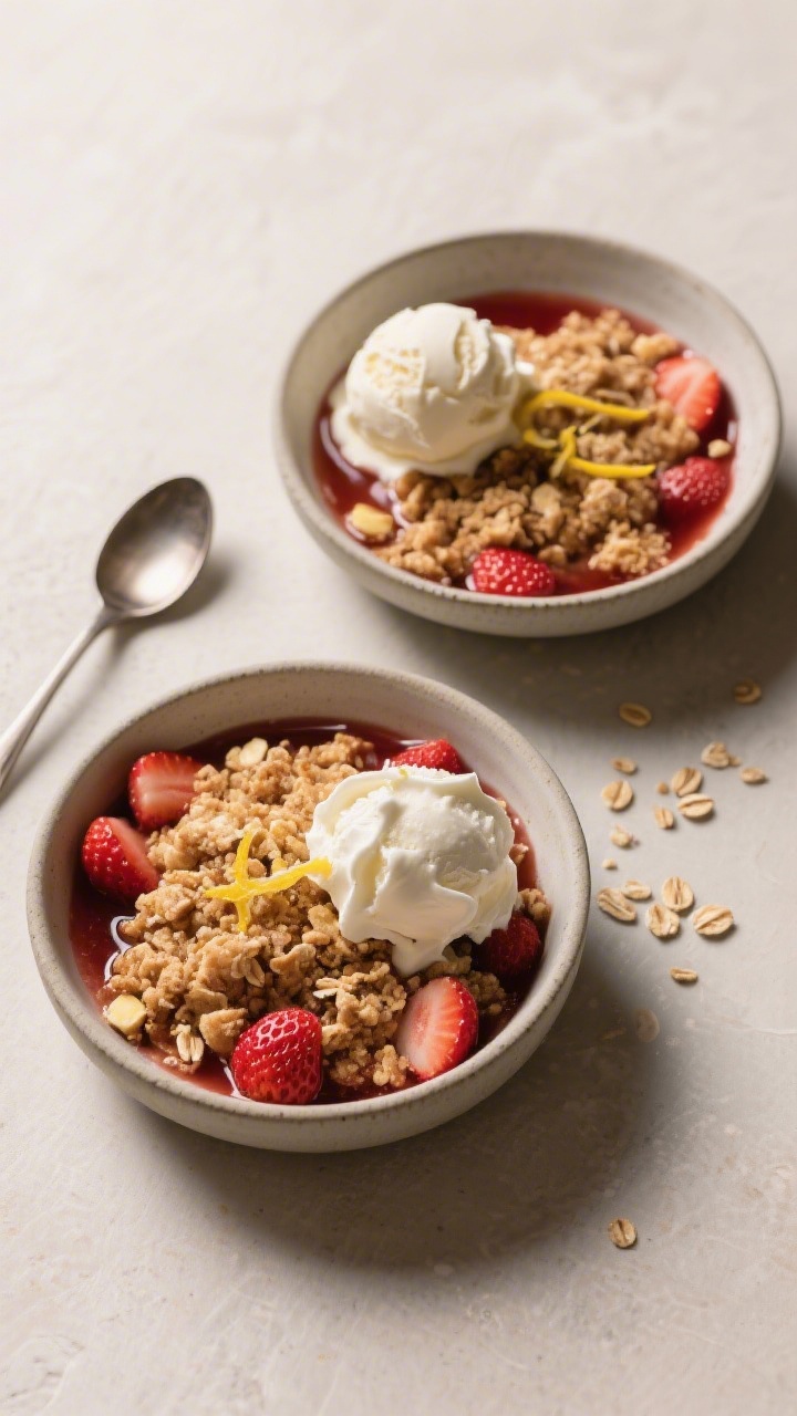 Tasty top view: Overhead shot of strawberry crumble served warm in shallow bowls—one portion toppe