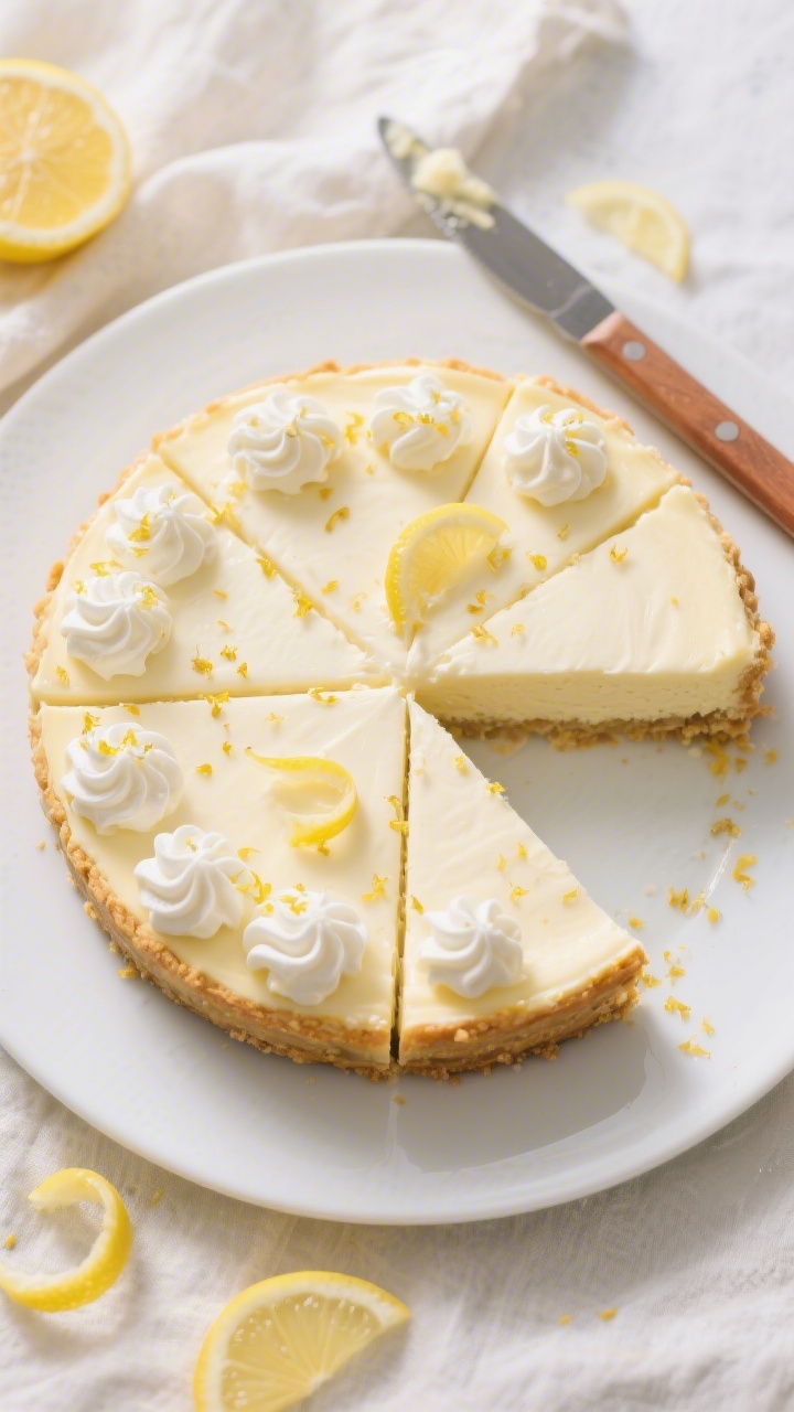 Tasty top view: Overhead shot of the cheesecake after overnight chill, clean slices fanned out on a 