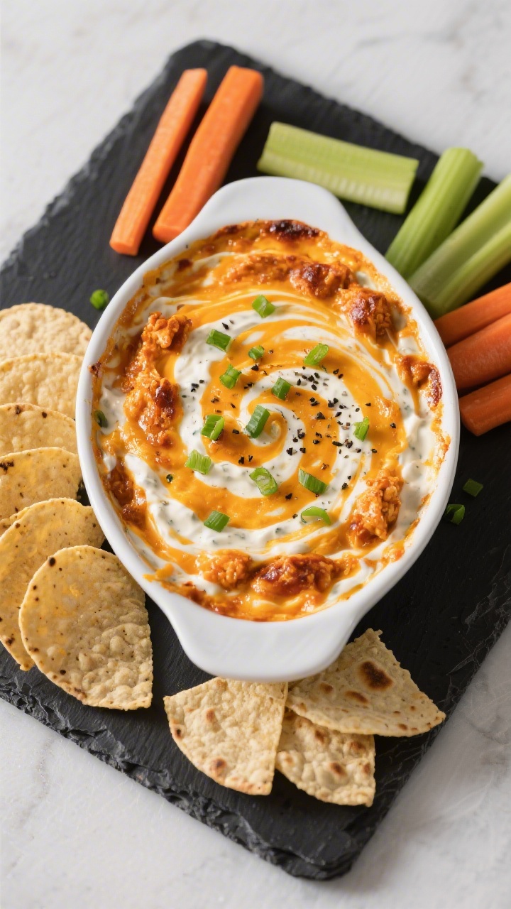 Tasty top view: Overhead shot of the finished buffalo chicken dip in a matte white oval serving dish