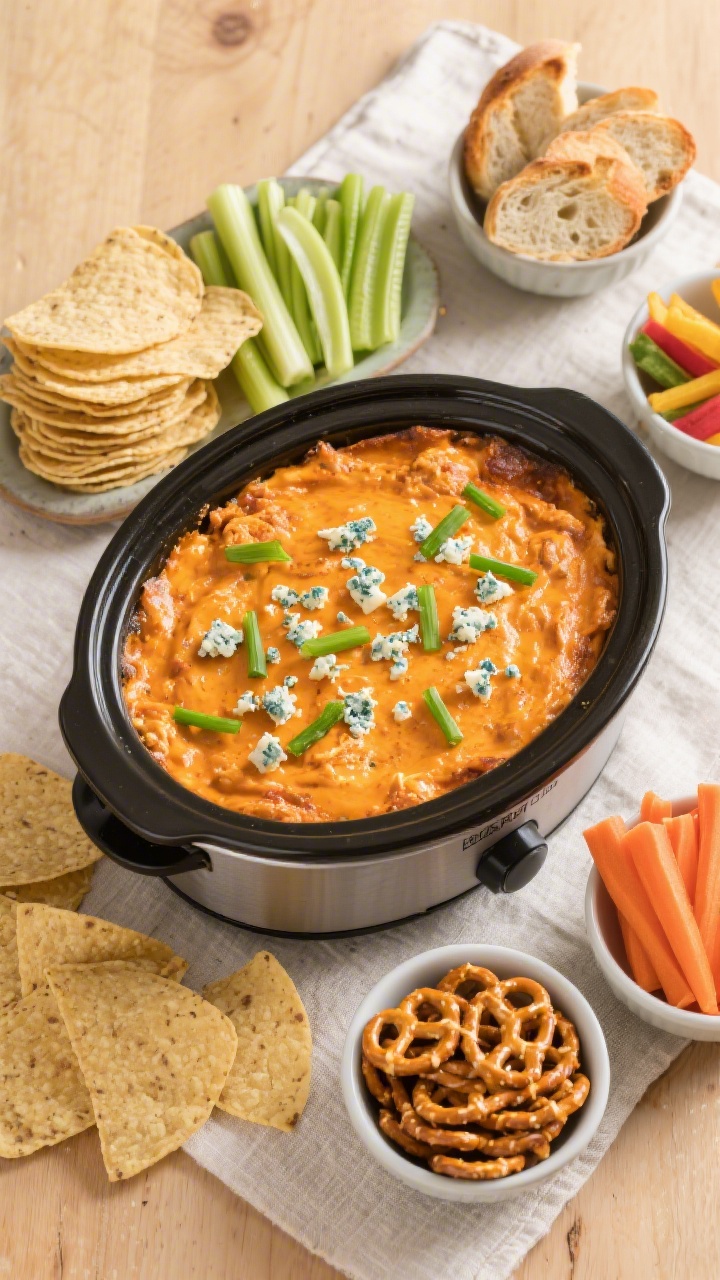 Tasty top view: Overhead shot of the finished buffalo chicken dip served directly in the crockpot in