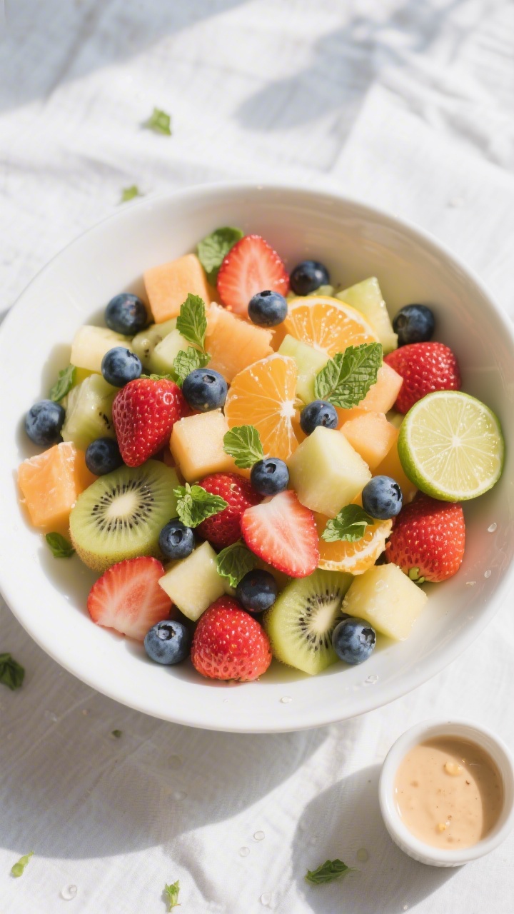 Tasty top view: Overhead shot of the fully assembled fruit salad in a wide white serving bowl, artfu