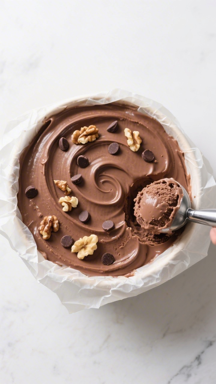 Tasty top-view variation: Overhead shot of a shallow parchment-lined container of chocolate banana i