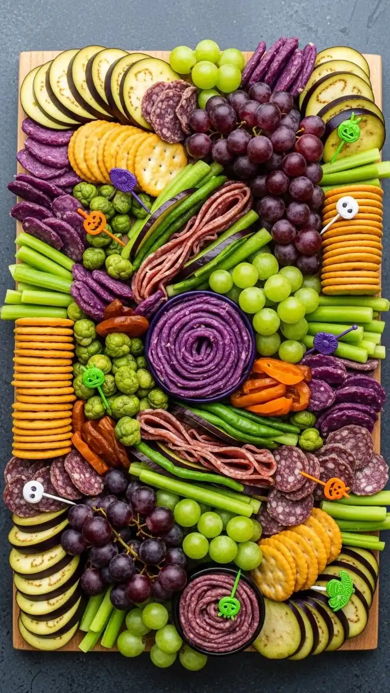16. Purple and Green Halloween Charcuterie Board Ideas