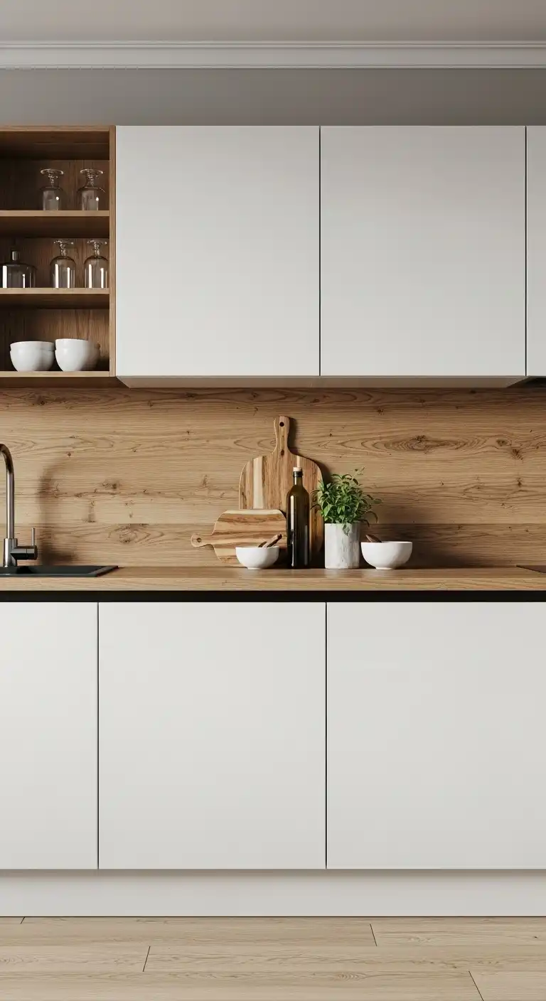 11. High-Gloss Lacquer Cabinets with Natural Accents