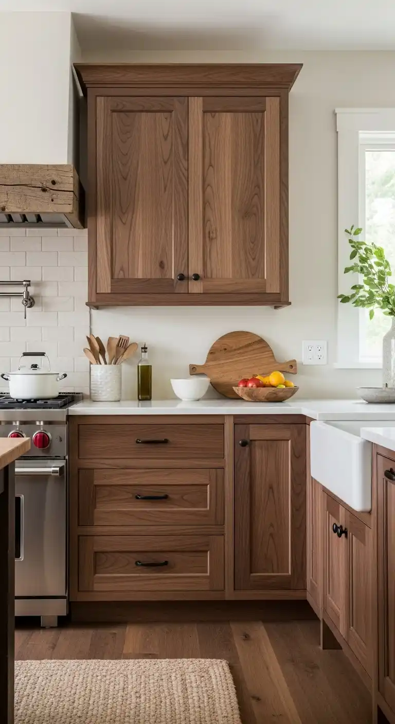 12. Rustic-Inspired Walnut Kitchen Cabinets