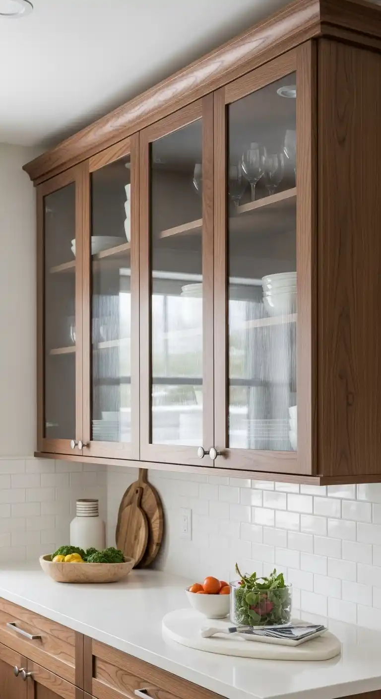 13. Walnut Kitchen Cabinets with Glass-Front Uppers