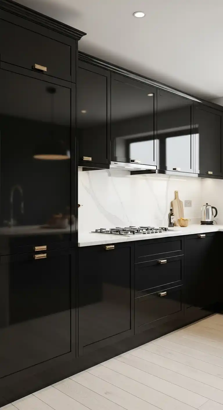 14. Dark High-Gloss Lacquer Cabinets with Proper Lighting