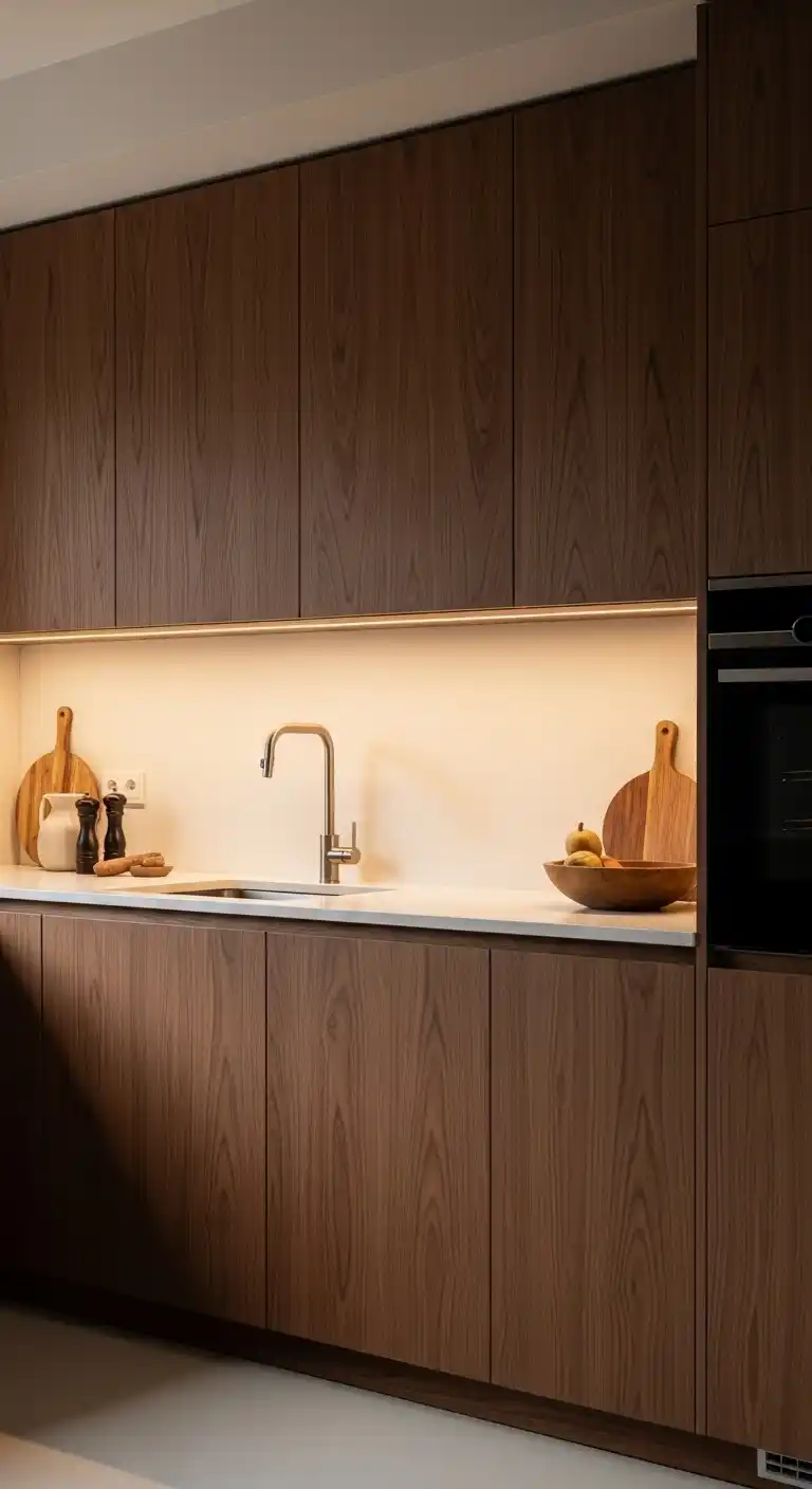 14. Minimalist Walnut Kitchen Cabinets with Soft Lighting