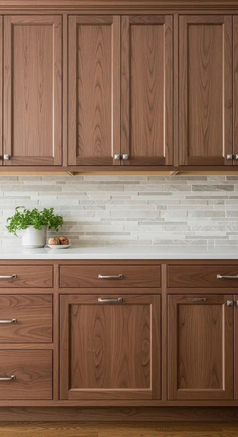 15. Walnut Kitchen Cabinets Paired with Stone Backsplashes