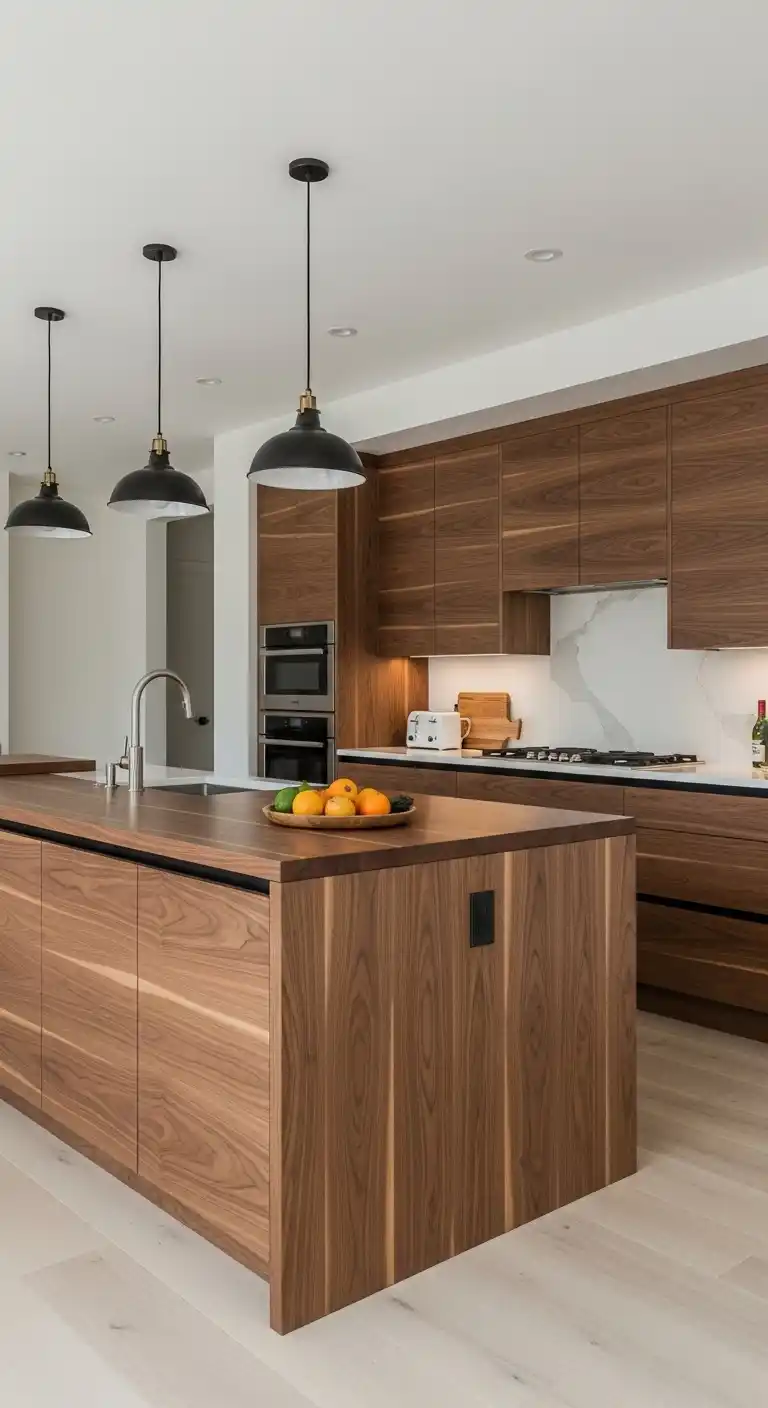 17. Walnut Kitchen Cabinets with Waterfall Islands